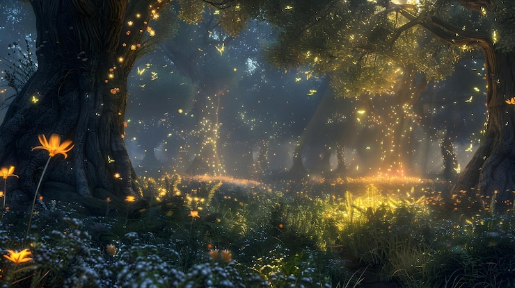 Enchanted Mystical Forest Bathed in Eternal Twilight with Glowing Ethereal Fae Creatures