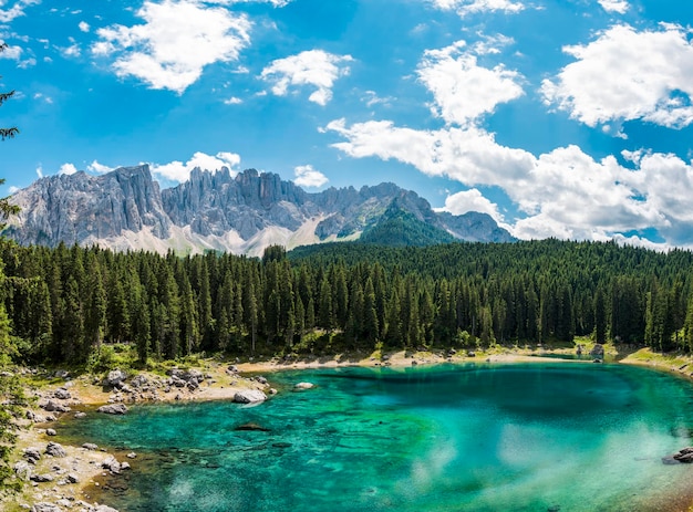 Enchanted panorama lake of carezza dolomites italy