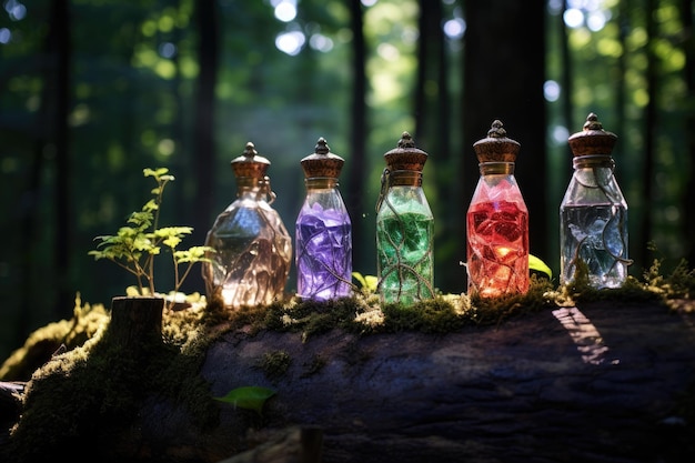 Enchanted potions sit on a tree stump in the woods