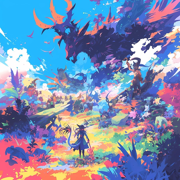 Enchanted Quest Kleurrijke Fantasy Battle Scene