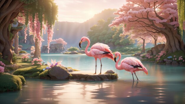 Enchanted Reflections Majestic Flamingos in a Fairy Tale Haven