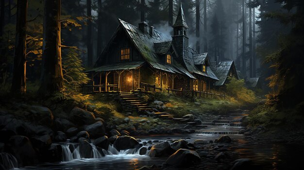 Photo enchanted retreat wooden house in a forest with rain droplets