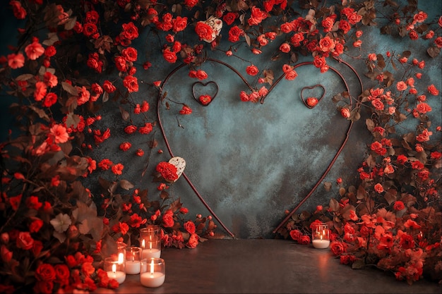 Enchanted rose arch with heart lights and candles