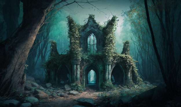 Enchanted ruins in the forest are located at the front of an abandoned area AI