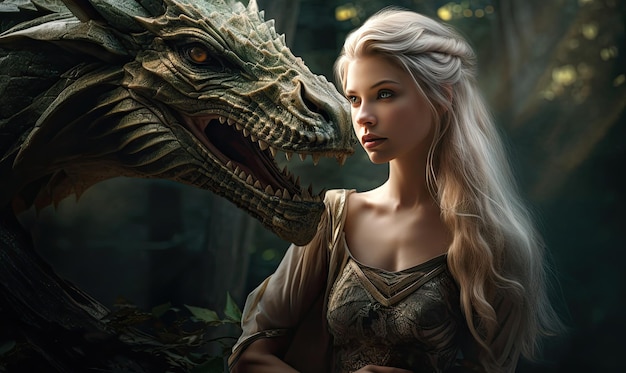 Photo enchanted scene of a woman and dragon showcasing a deep connection amidst nature ethereal maiden and mythical creature share a moment in a magical woodland created with generative ai tools