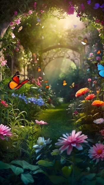 Enchanted Secret Garden with Glowing Flowers and Butterflies for Desktop Wallpaper