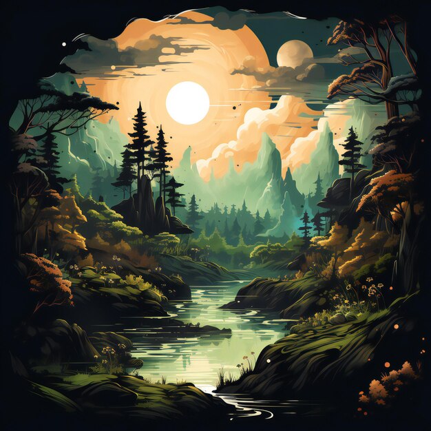 Enchanted Shadows A Whimsical Pine Forest Adventure in Retro Gothic TShirt Design Style 3