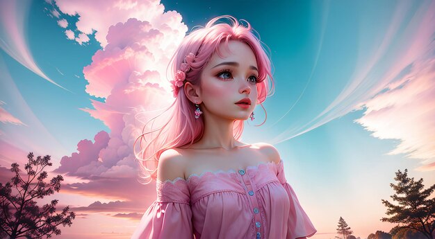 An enchanted sky with pink colors and a crying girl