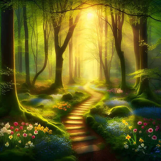 Enchanted Spring Forest and a Footpath Fowers Fairytale Woodland