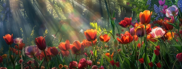 Enchanted Spring Garden with Sunlight Beams