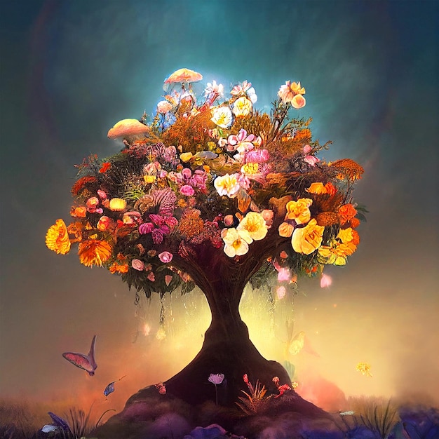 Enchanted tree full of different blooming flowers in enchanted garden at sunset fantasy background