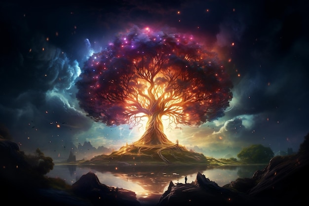 An Enchanted Tree Radiating Brilliant Light Amidst Vibrant Colors AI