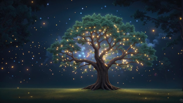 Enchanted Twilight The Cosmic Tree and Glowing Fireflies