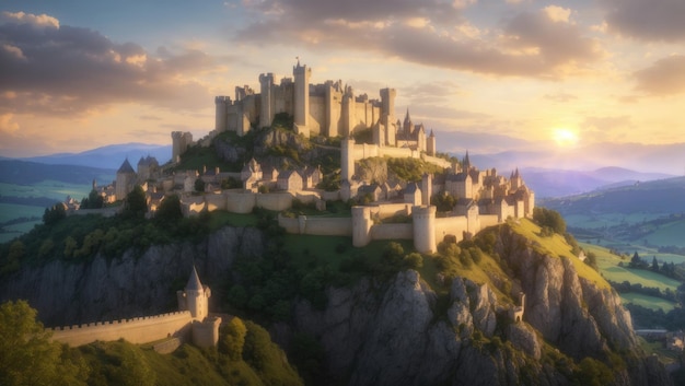 Enchanted Twilight A Majestic Medieval Castle and Village Bask in the Glow of Sunset