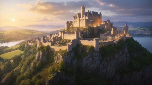 Enchanted Twilight A Majestic Medieval Castle and Village Bask in the Glow of Sunset