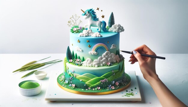 Foto torta fantastica di unicorno incantata con elementi stravaganti di favola