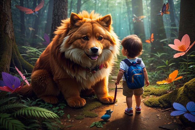 Photo enchanted wanderers a toddler and furry friend's adventure through a mystical colorful forest