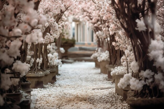 Enchanted white blossom archway in sunlit garden