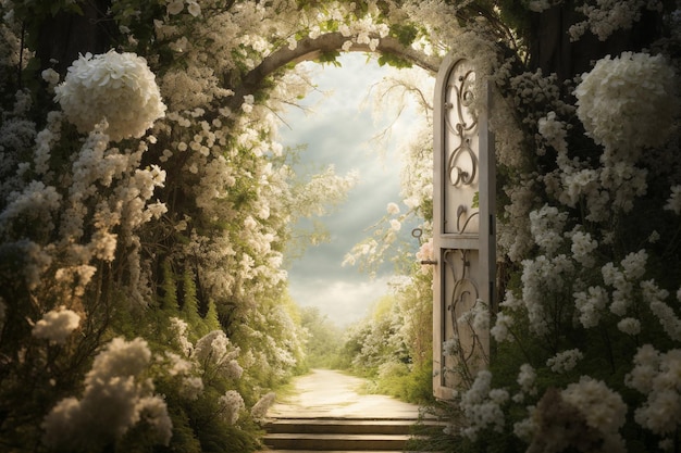 Enchanted white blossom archway in sunlit garden