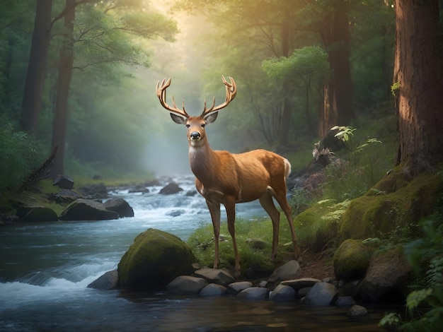 Enchanted Wilderness Majestic Deer by the River in the Forest