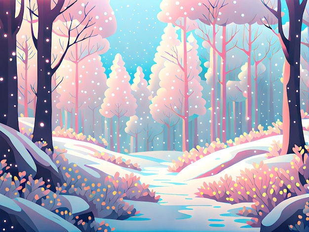 enchanted winter forest in the sunset landscape pastel illustration background