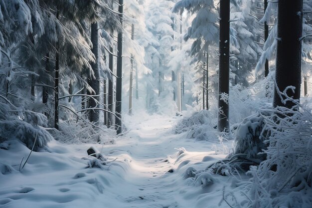 Foto foresta invernale incantata con alberi innevati e luce dolce