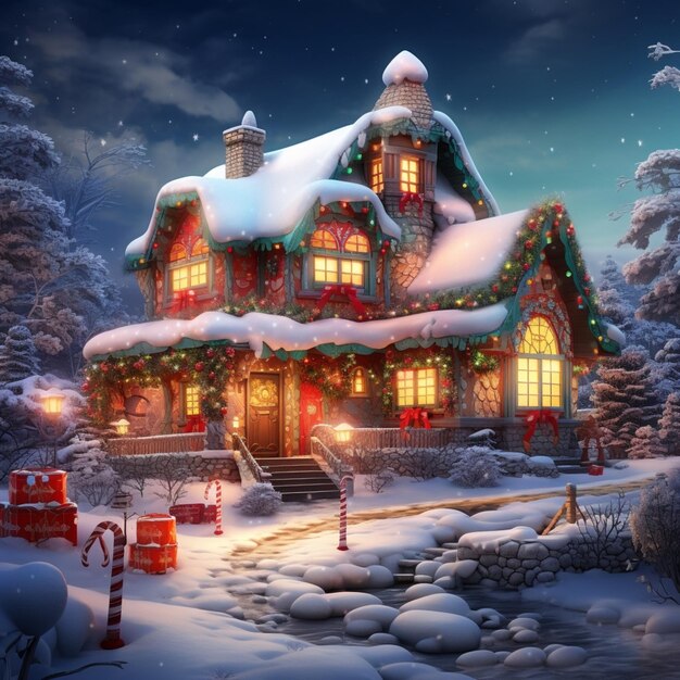 Enchanted Winter Holiday Cottage Glow AI Generated photo