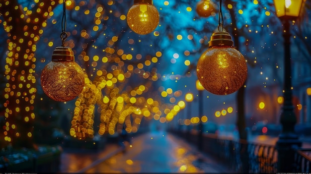 Photo enchanted winter street with festive tree lights