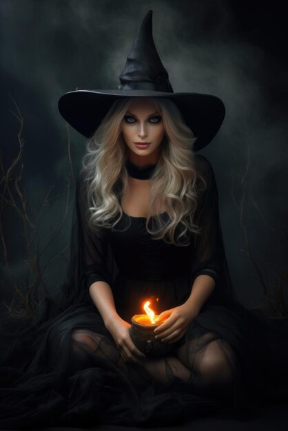 Enchanted witch woman happy halloween spooky night background copy space