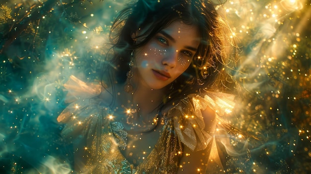 Enchanted Young Woman in a Mystical Forest with Ethereal Glow Surrounded by Glistening Lights and