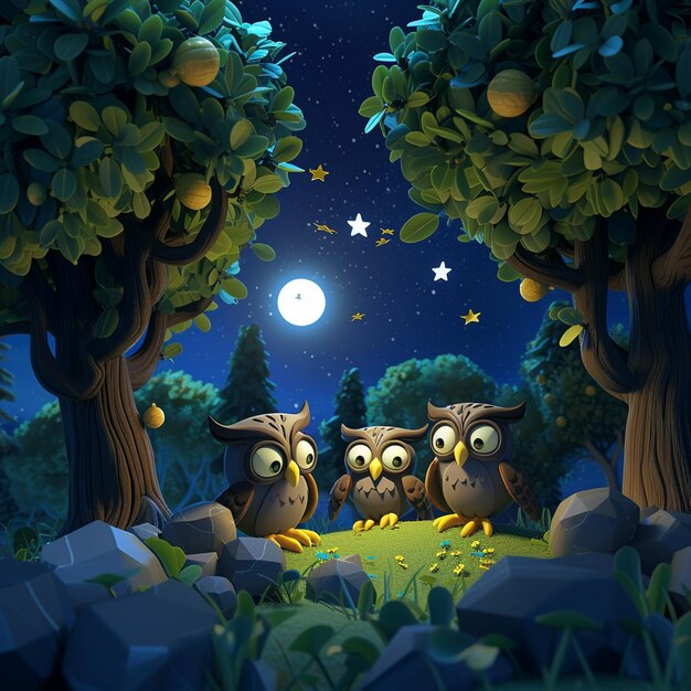 Foto incantevole scena di cartoni animati 3d gufi saggi e stravaganti nella foresta illuminata dalla luna