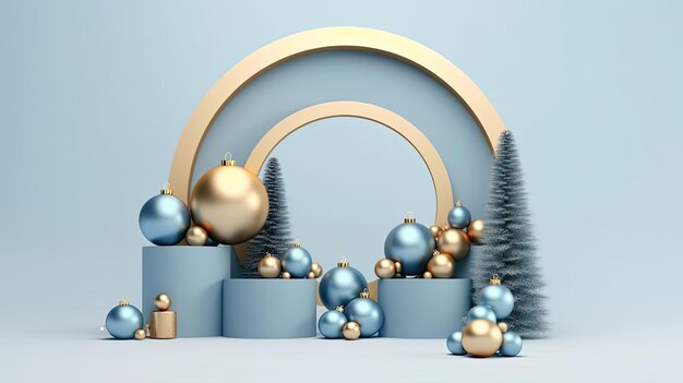 눈에 띄는 골드 아치 크리스마스를 특징으로 하는 블루 연단의 매혹적인 3D 렌더링, AI 생성