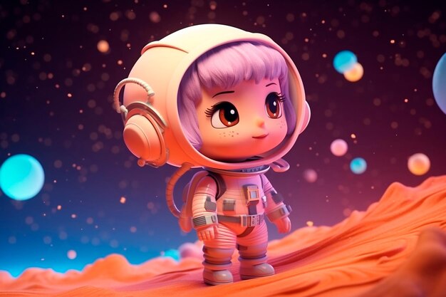 Foto incantevole rendering 3d di un astronauta kawaii su un pianeta