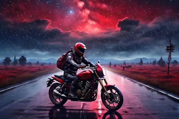 Enchanting 8K Motorcycle Ride Ghost Rider on Rainy Night Road under Starry Red Sky