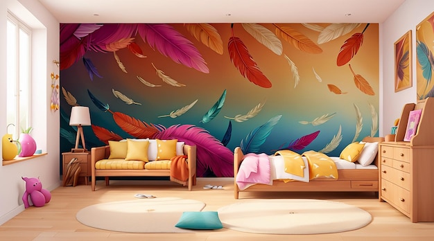 An enchanting abstract mural of feathers in a blend of vivid tones