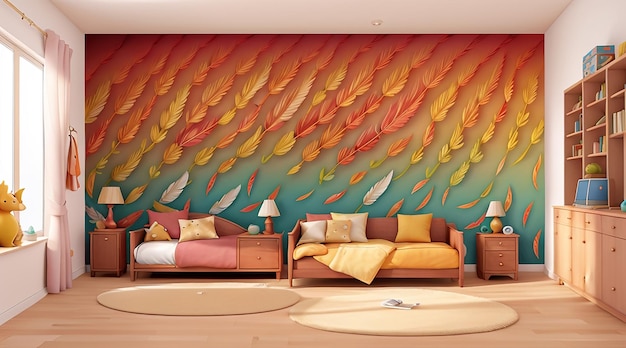 An enchanting abstract mural of feathers in a blend of vivid tones