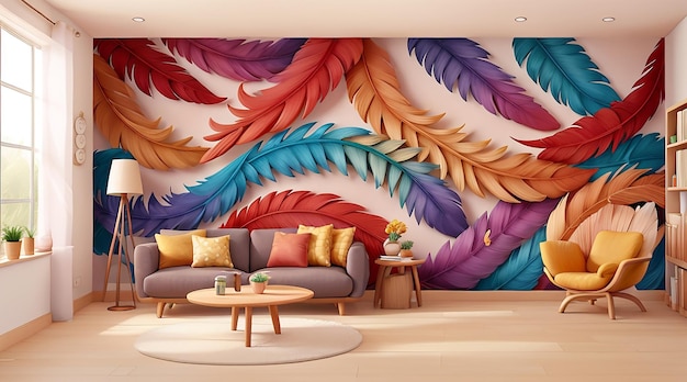 鮮やかな色調をブレンドした魅惑的な羽の抽象的な壁画