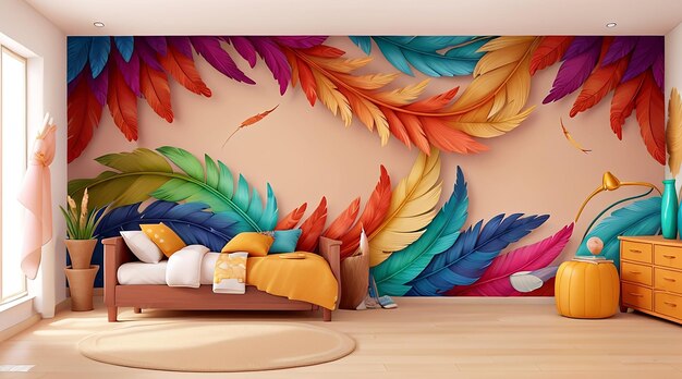 An enchanting abstract mural of feathers in a blend of vivid tones