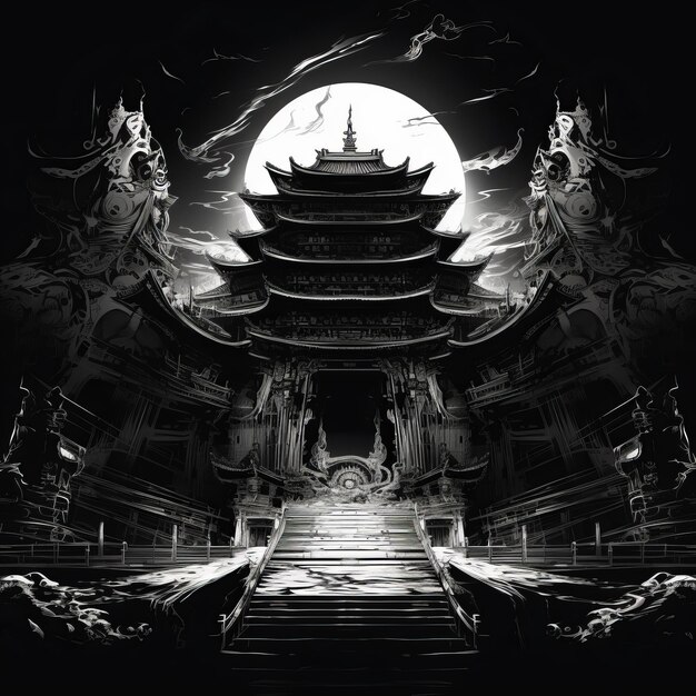 Photo the enchanting abyss a captivating anime line drawing of the temple of the devil