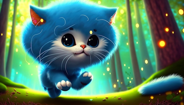 Enchanting Adventure Cute Fluffy Blue Ball Cat Chases a Firefly Through a Magical Forest