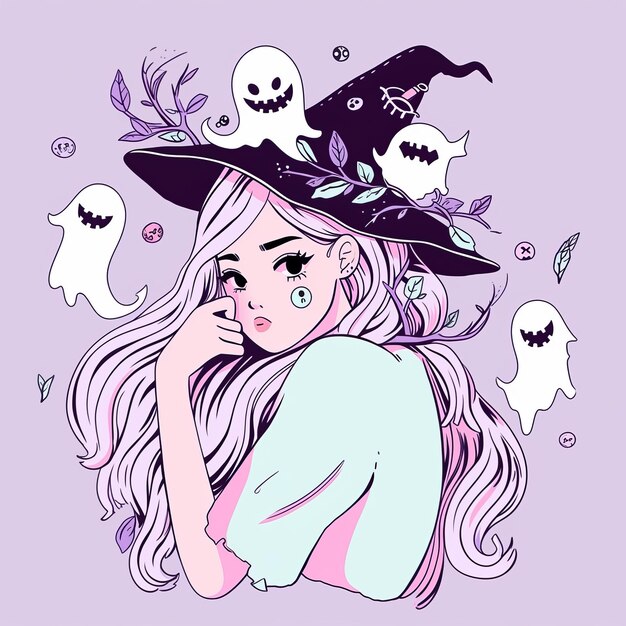 Photo the enchanting adventures of kawaii girl witch hats poltergeists and twisted branches