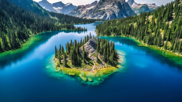 An enchanting aerial image of a serene lake surrounded by majestic mountains showcasing the unspoiled splendor of a summer hideaway