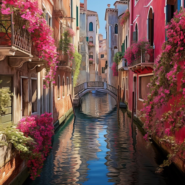 Enchanting Alleyway in Venice with Colorful Flowers Leading to a Secluded Canal