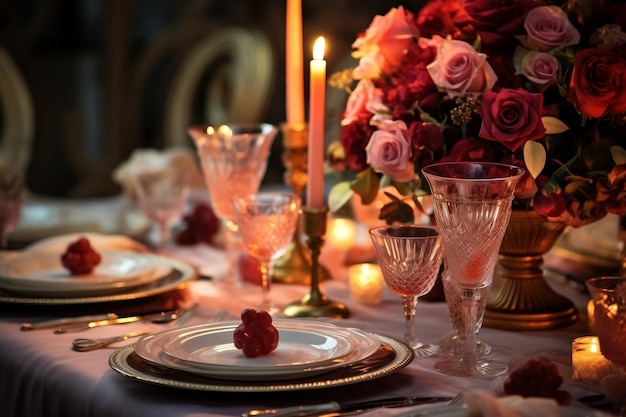 Enchanting Ambiance Candles and Flowers for a Romantic Table Setting Generative Ai