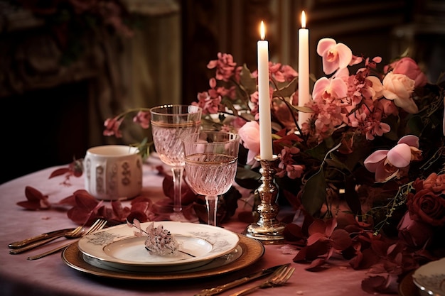 Photo enchanting ambiance candles and flowers for a romantic table setting generative ai