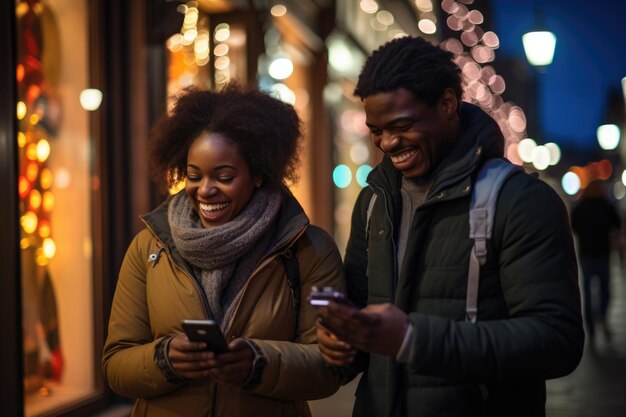 In the enchanting ambiance of the city adorned for Christmas and New Year a couple39s happiness shines bright as they capture the moment with a mobile phone