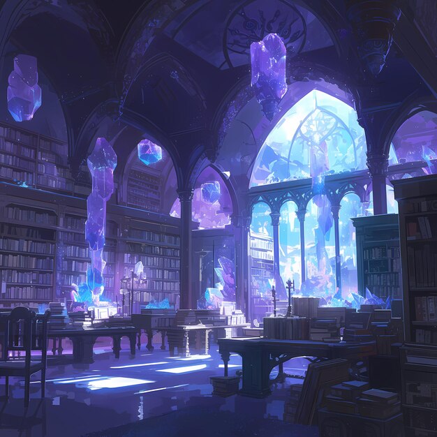 Photo enchanting amethyst library a magical study atmosphere