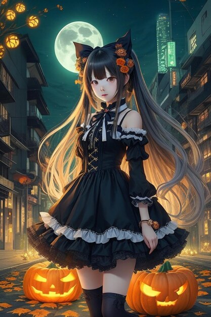 Enchanting Anime Girl Halloween Dress and Cute Ribbon