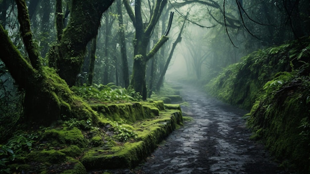 Enchanting Arafed Path A Serene Forest Trail with MossCovered Trees and a Cozy Bench Captured with GenerativeAI