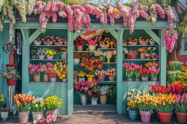 활기찬 야외 시장 에서 파스터 릴리 와 봄 꽃 의 매혹적 인 배열